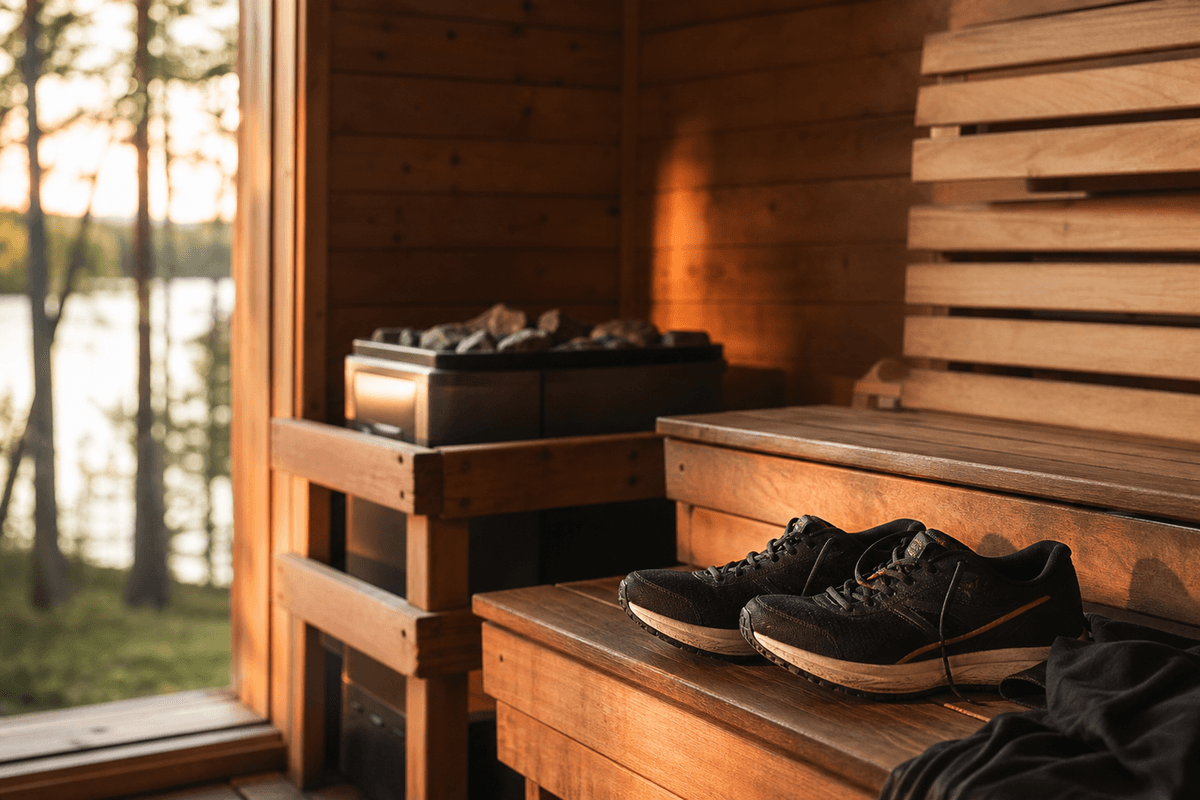 A wooden sauna interior beside a pair of running shoes on a bench, warm evening light
