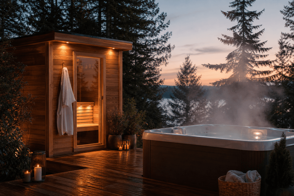 A cedar sauna beside a steaming hot tub on a wooden deck at dusk