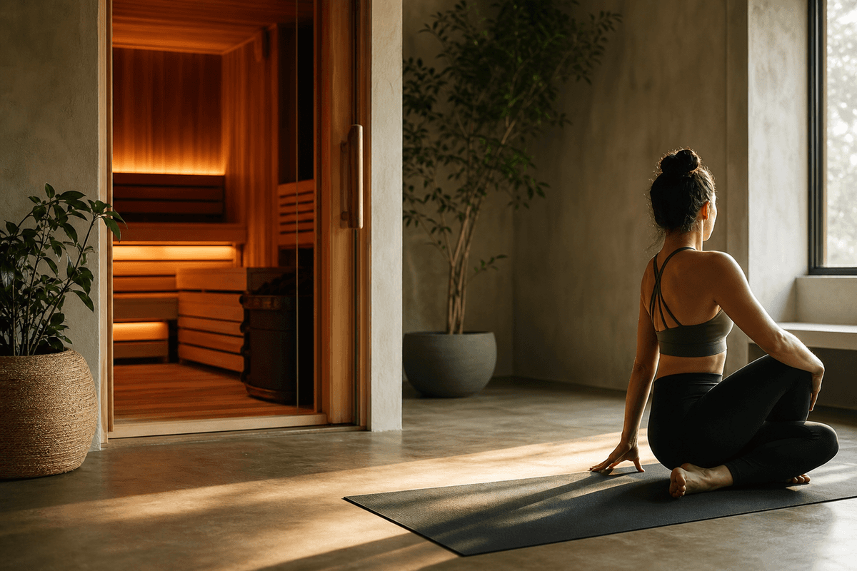 A yoga mat rolled out in a warm studio beside a doorway leading to a wooden sauna