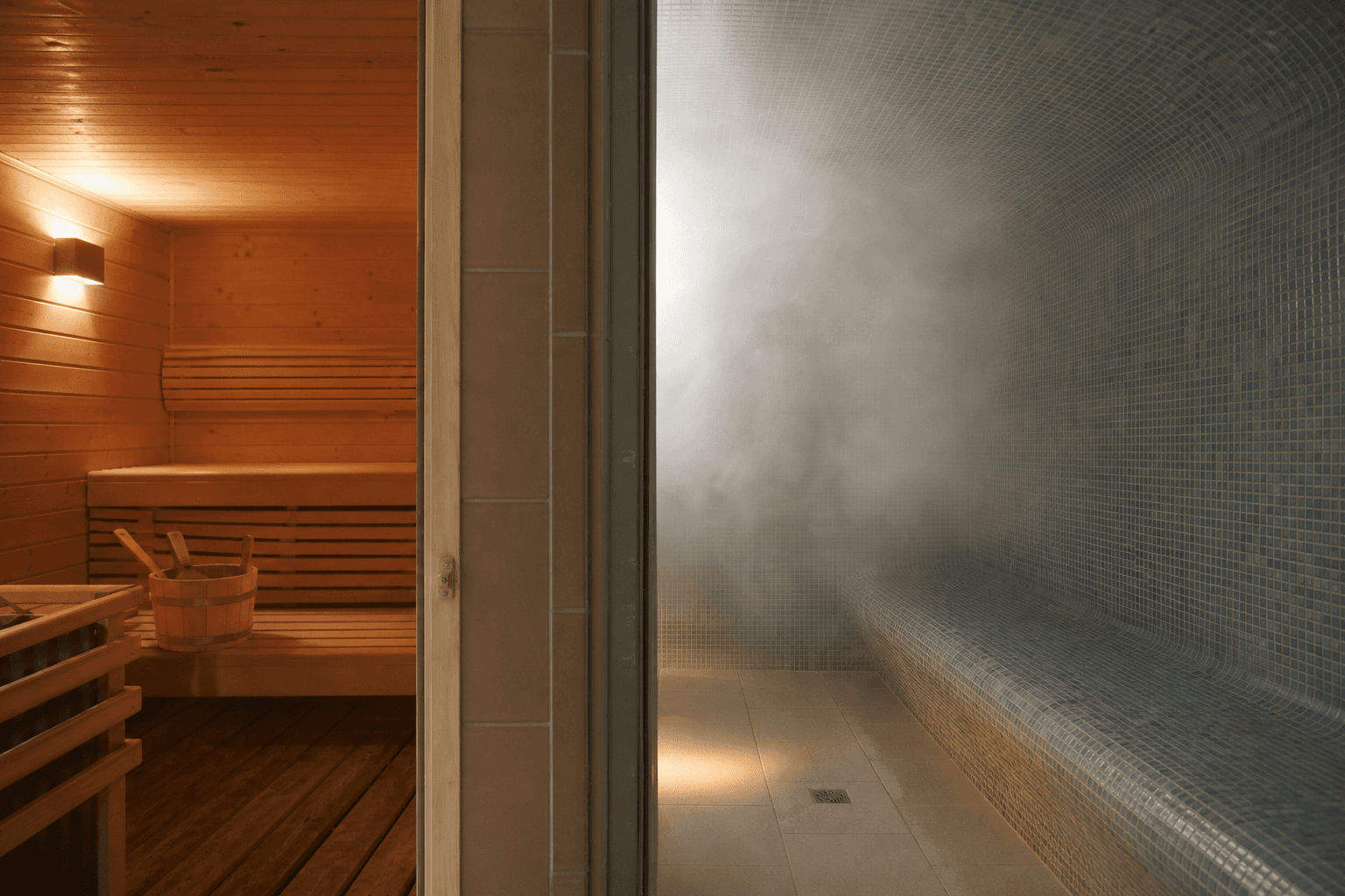 A wooden dry sauna on one side and a tiled steam room filled with mist on the other, warm and inviting
