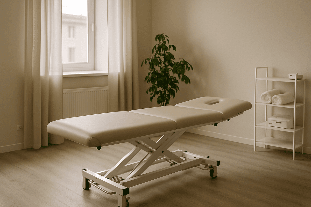 A quiet physiotherapy room with a treatment table beside a window and daylight across the floor