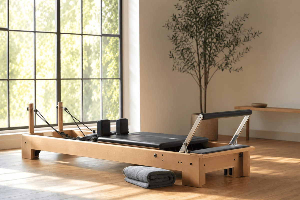 An empty Pilates reformer beside a tall window in a sunlit studio, a folded grey towel on the wooden floor
