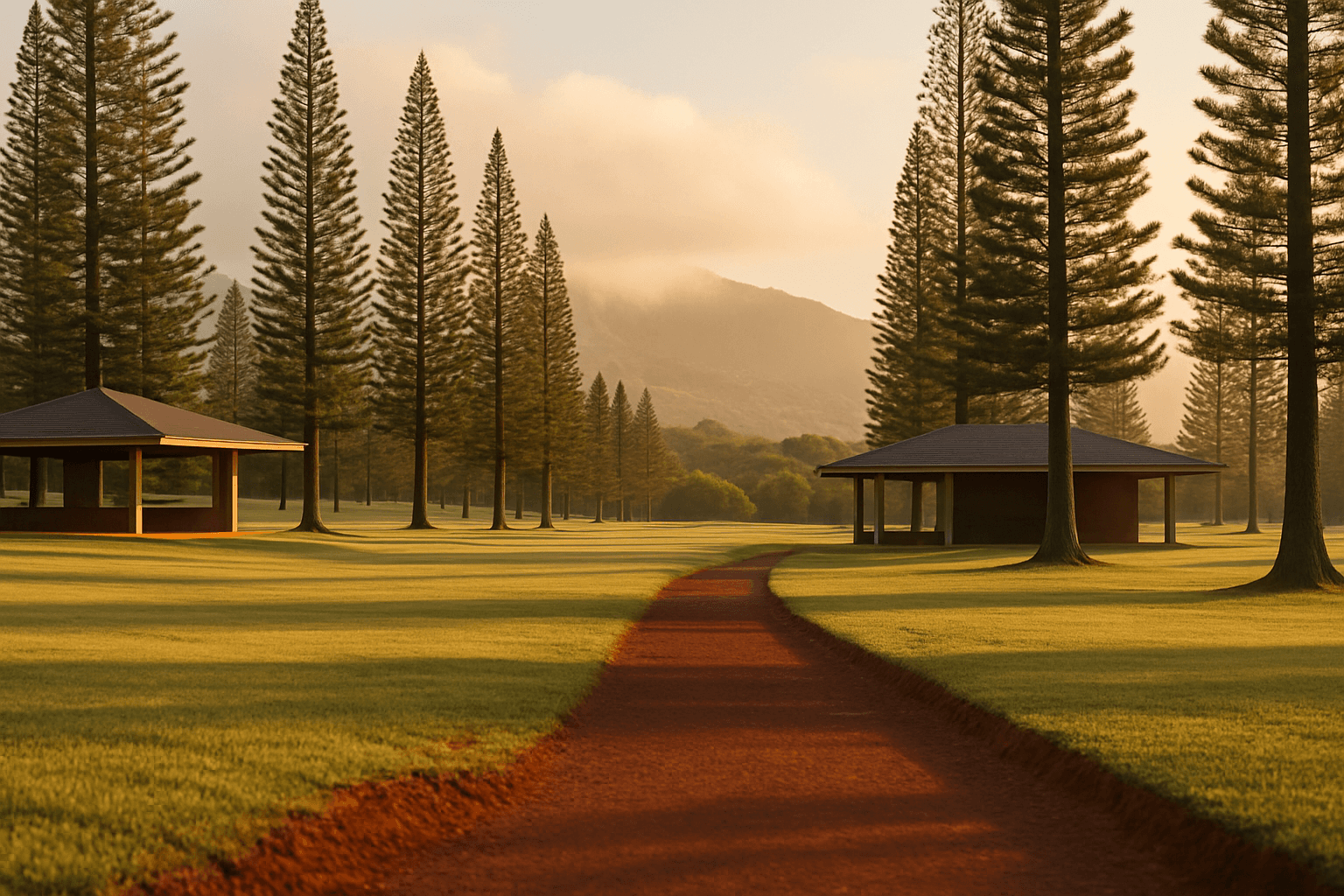 An upland Hawaiian plateau at golden hour with rows of Cook pines and low open pavilions