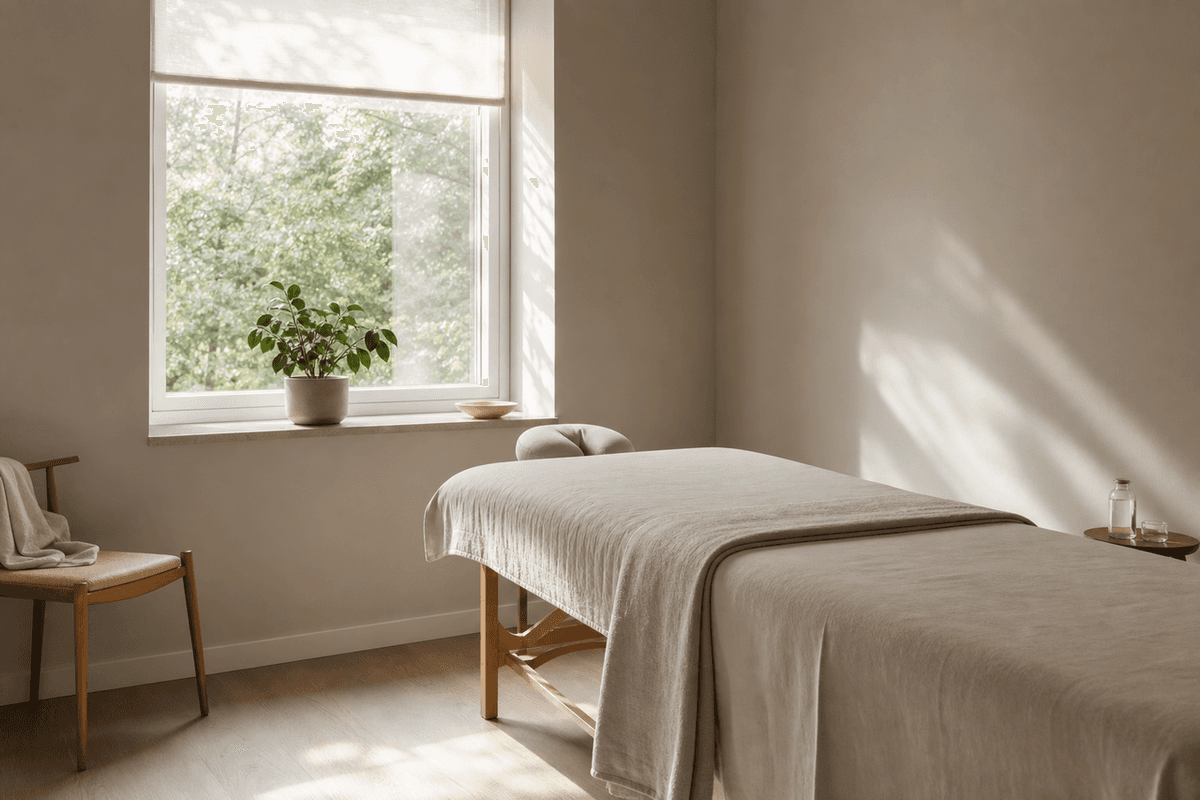 A plain treatment room with clean lines, natural daylight and no decoration