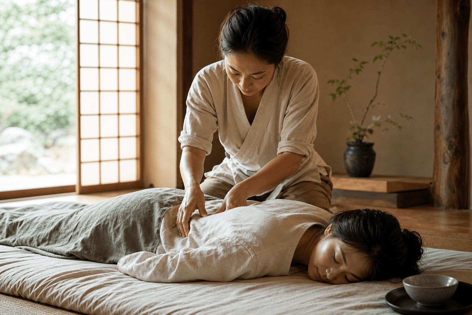 A shiatsu practitioner applying thumb pressure along the back of a client lying on a floor mat in a clean, minimal Japanese-style room with a paper screen window, natural light, and a small ceramic bowl nearby