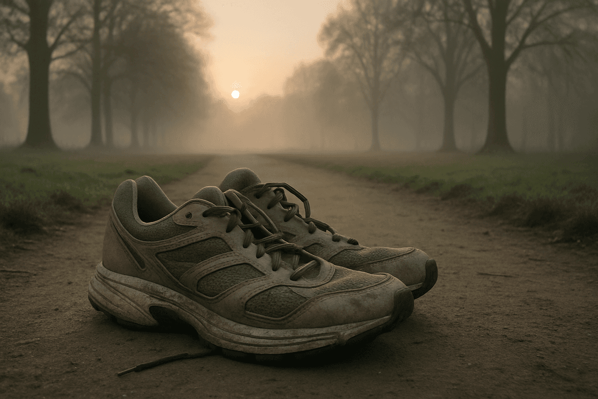 Running shoes on a park path at dawn, with no people, branding or text in frame