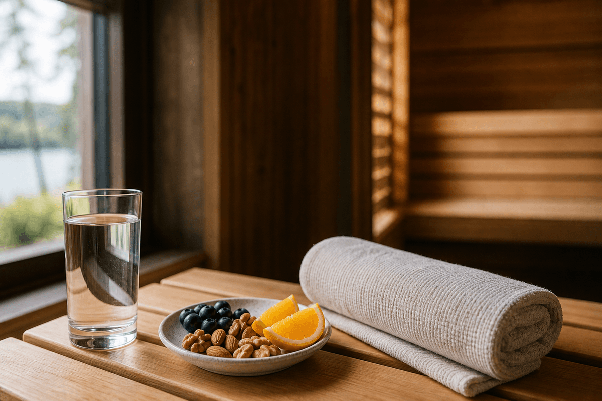 A glass of water and a small plate with fruit and nuts on a wooden bench beside a folded towel in soft daylight