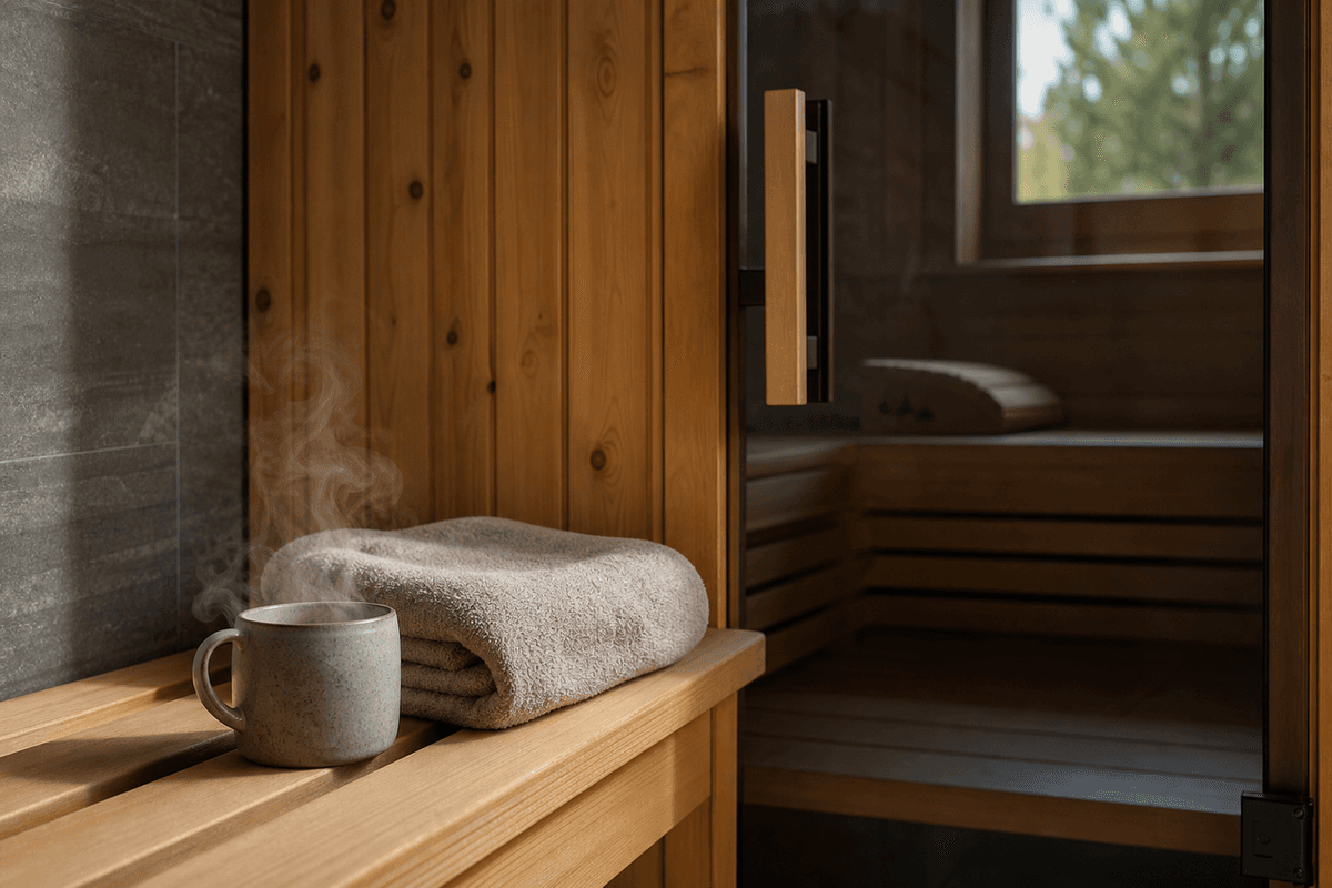 A steaming mug and a folded towel on a bench beside a closed sauna door