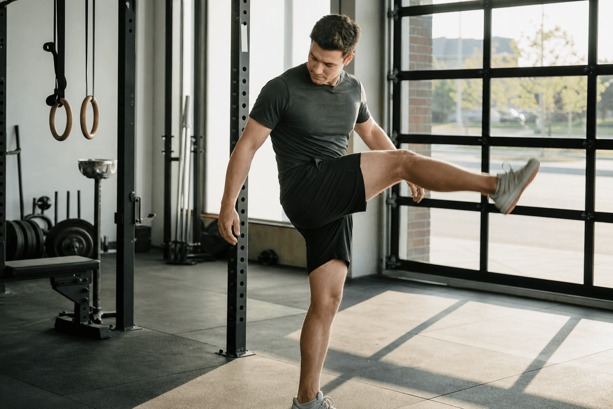 A person doing a dynamic leg swing warm-up in a bright gym before training