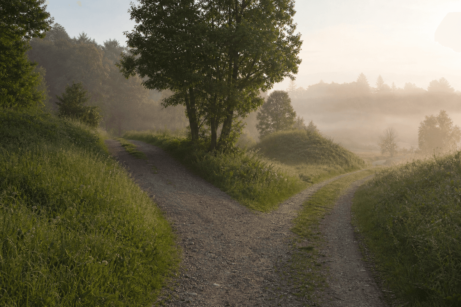 A quiet retreat path splitting in two directions through a calm green landscape at soft morning light