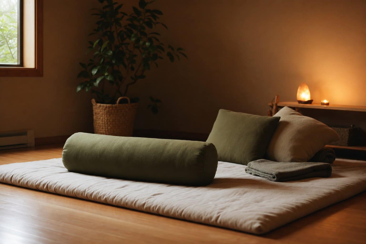 A calm therapy space with a mat and cushions in soft, warm light