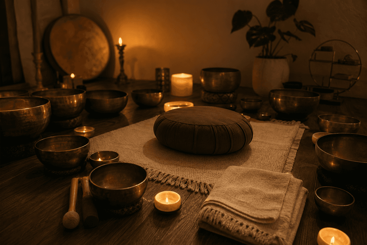 A dim room with singing bowls arranged around a cushion and blanket, warm low light