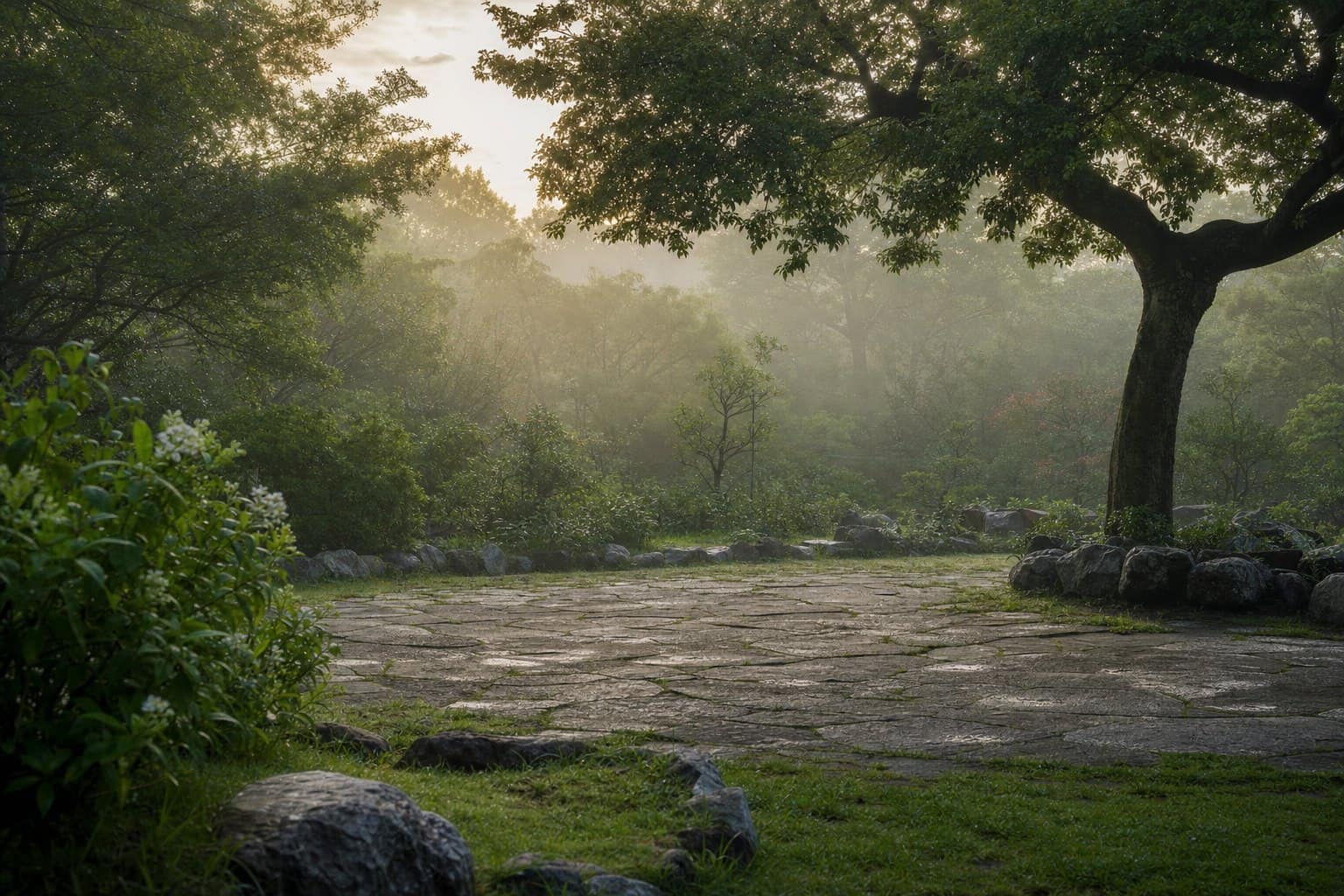 A calm outdoor setting with soft morning light, suited to slow movement practice