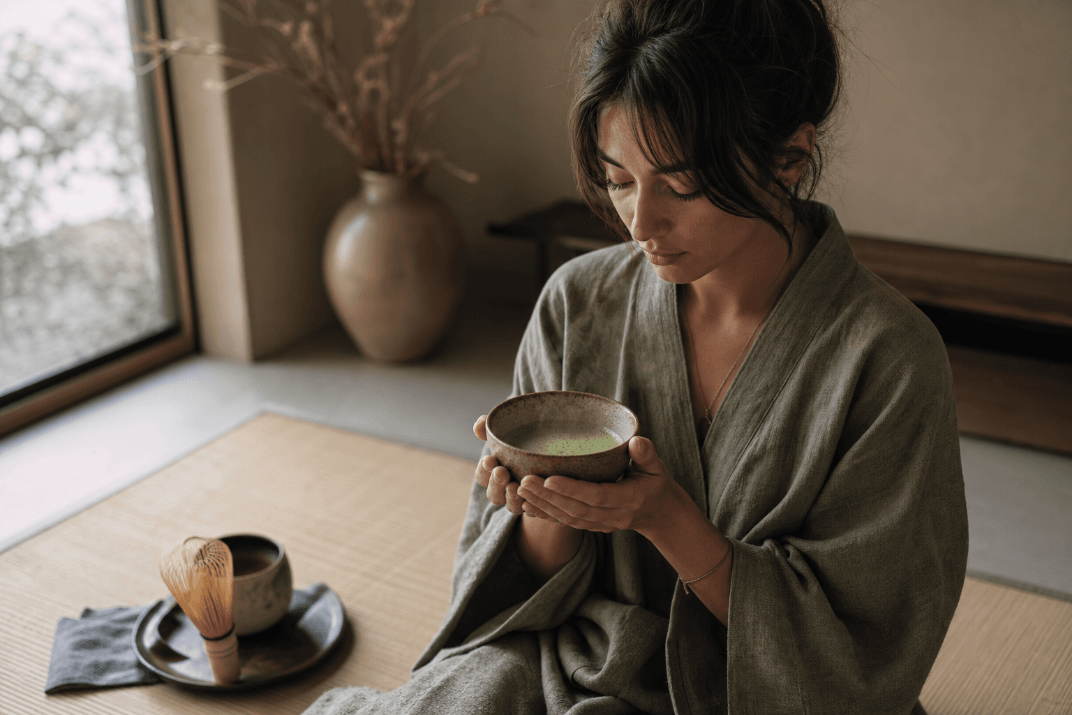 A person in a calm, minimalist room holding a ceramic bowl of matcha with both hands, steam rising, natural light from a window, tatami mat and bamboo whisk nearby