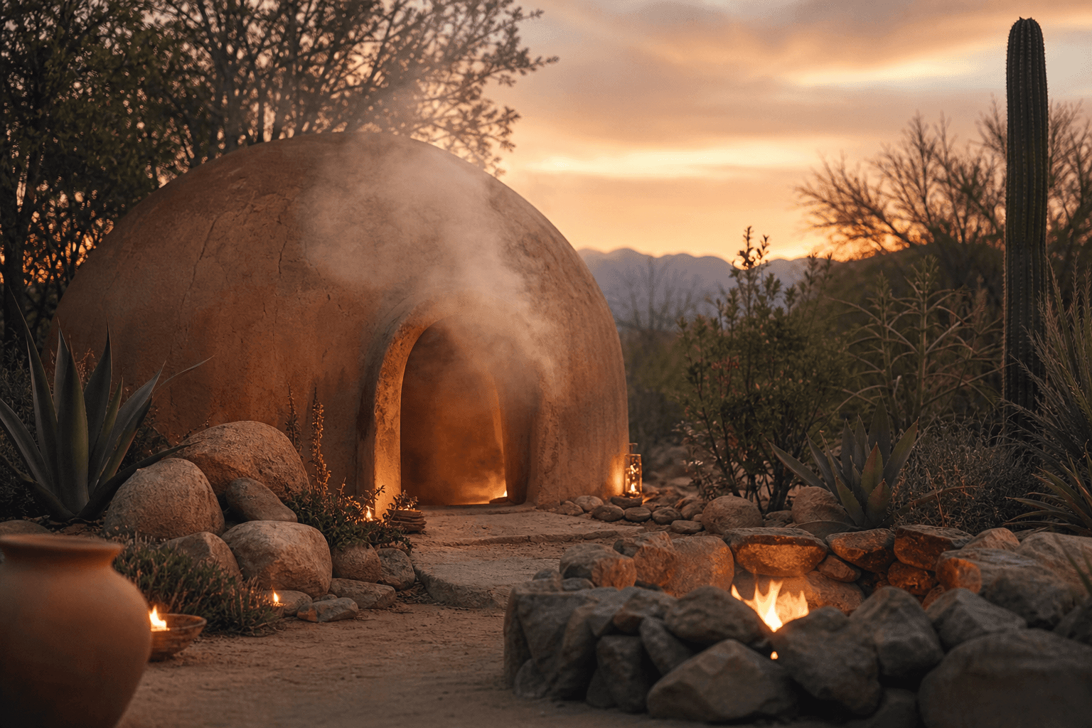 A domed adobe temazcal structure with steam rising from its opening at dusk, surrounded by desert plants and firelit stones, a quiet ceremonial space