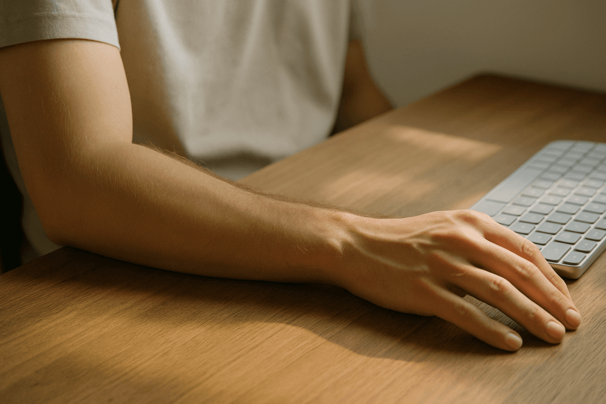 A forearm resting on a wooden desk beside a keyboard