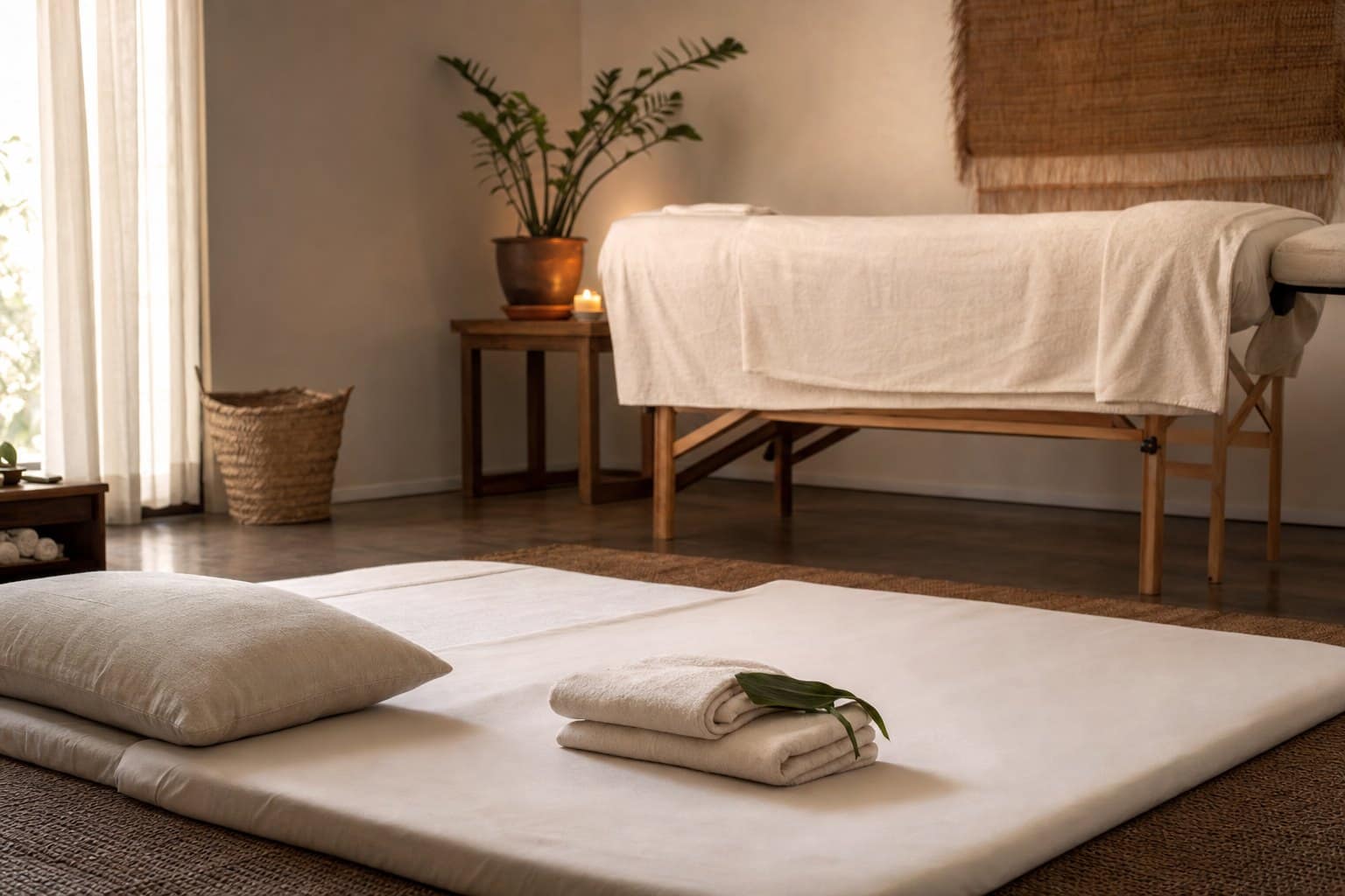 A serene massage room with a treatment table, linens, and warm light