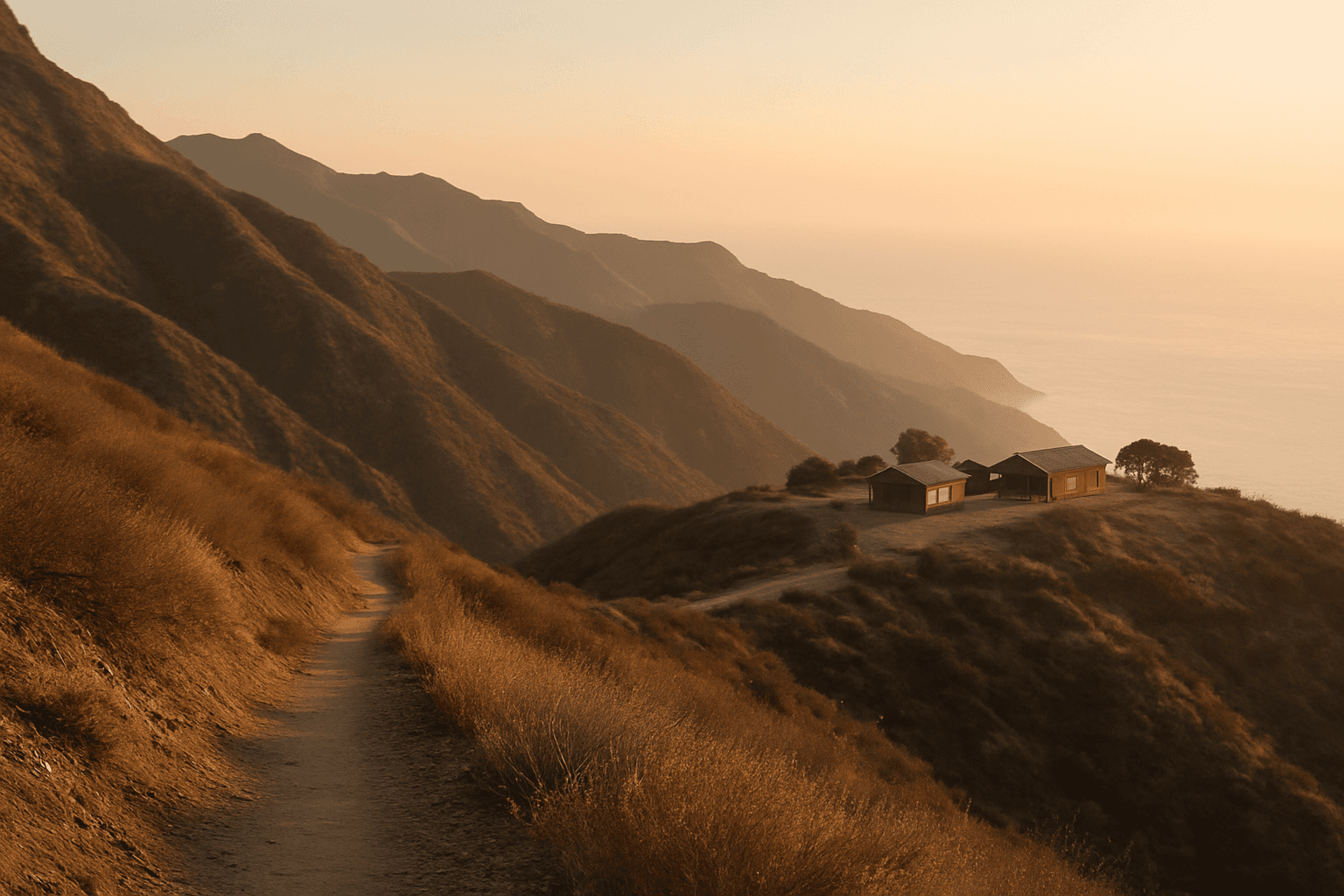 A steep chaparral hiking trail in the Santa Monica Mountains at sunrise with ocean haze below