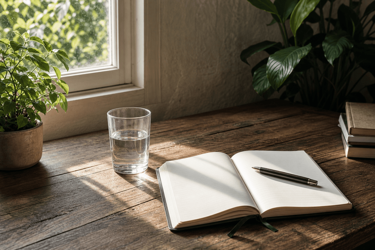 A calm figure-free study desk with a notebook, a glass of water and morning light