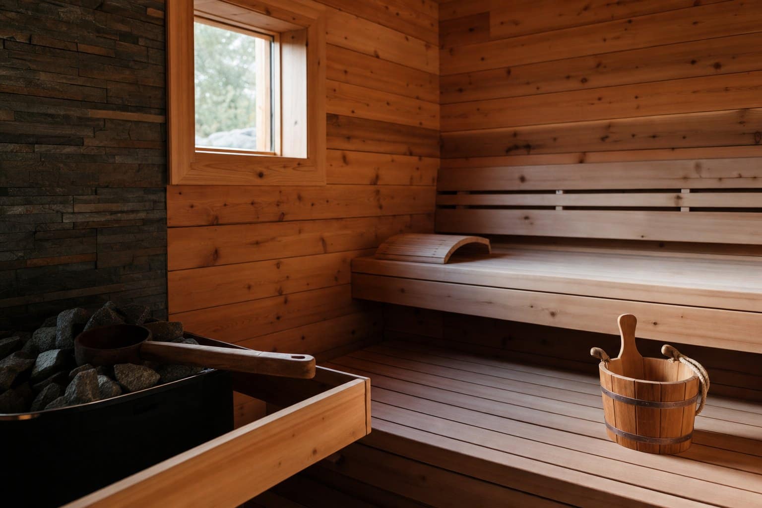 A warm cedar sauna interior with soft light