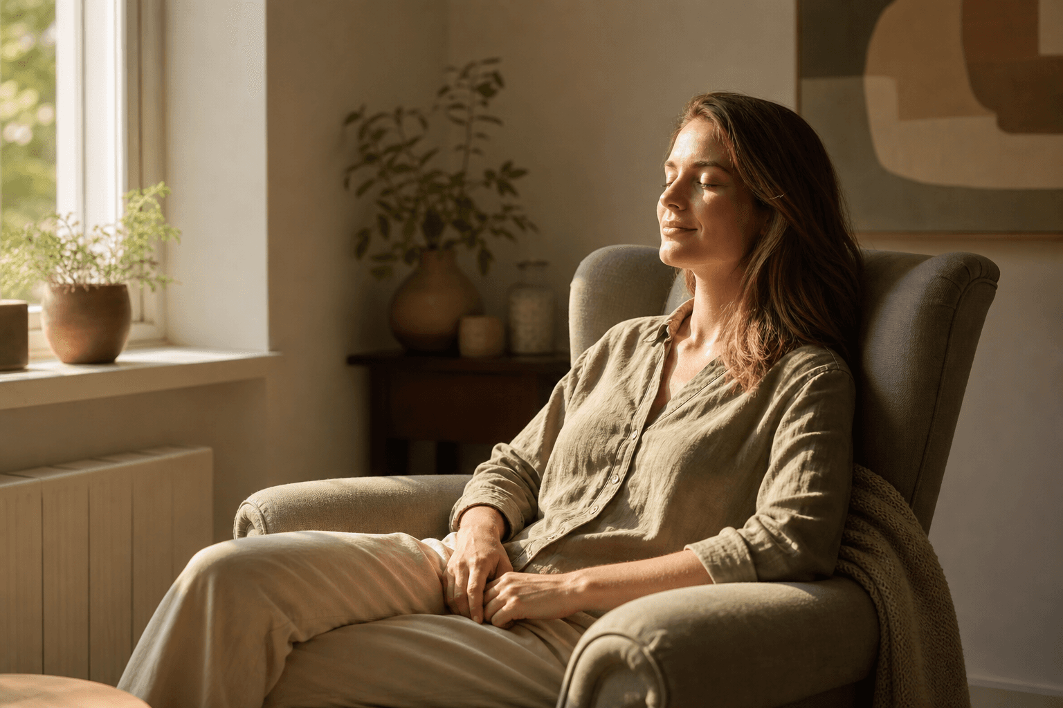 A person seated comfortably in a cushioned chair by a sunlit window, eyes gently closed, hands resting in lap, a quiet living room with warm afternoon light and minimal decor in the background