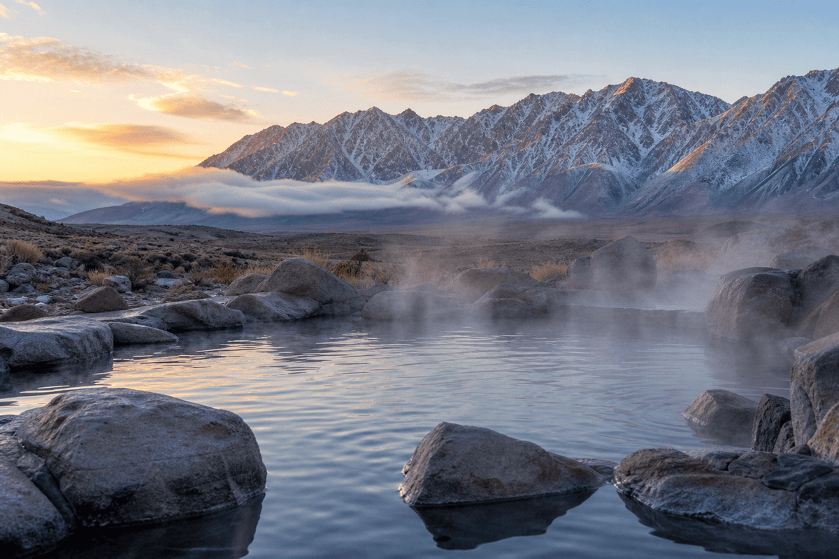 A steaming natural hot spring pool among rocks with mountains behind at dawn