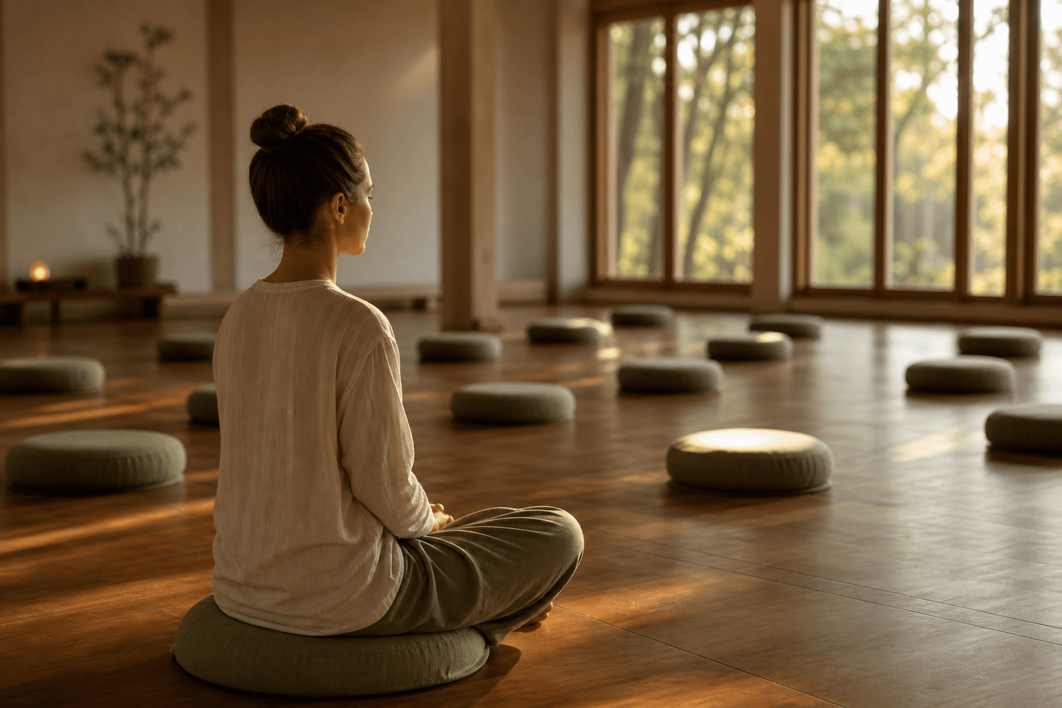 A sparse meditation hall with rows of cushions on a wooden floor, tall windows letting in soft early-morning light, a single meditator seated still in the foreground, surrounded by calm silence