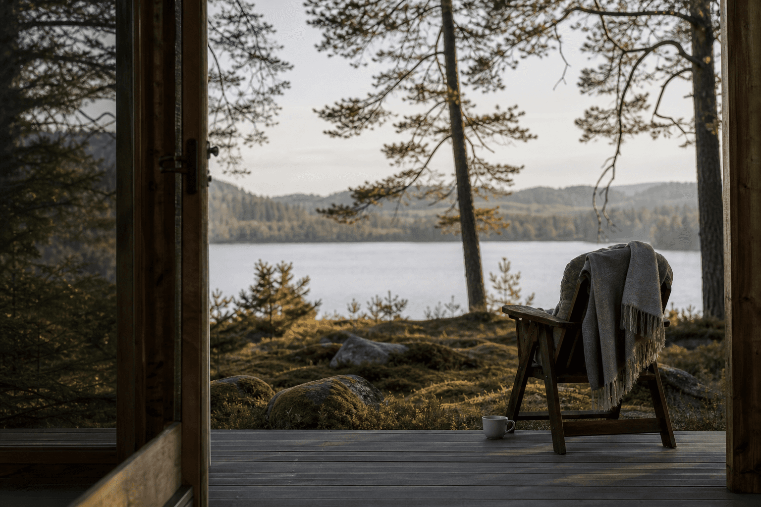 A calm retreat setting suggesting the passing of days, soft light over a quiet landscape