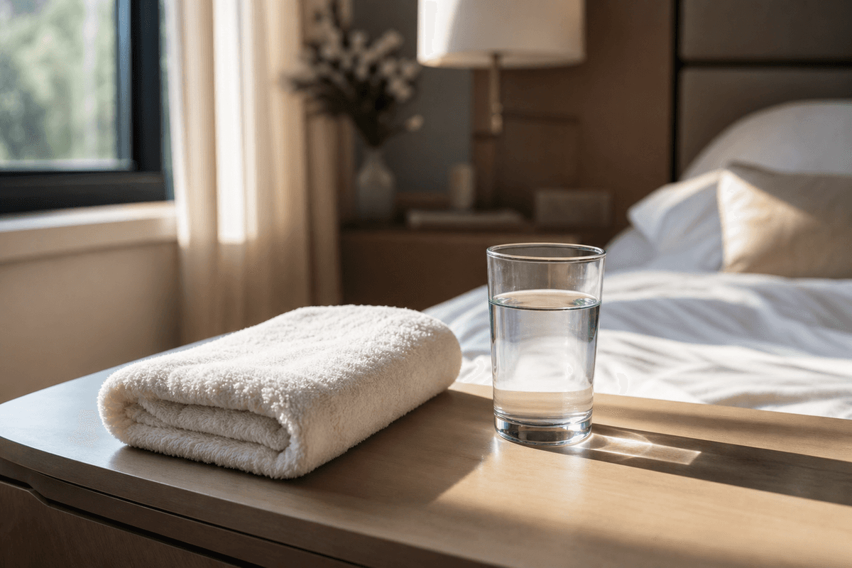 A folded towel and a glass of water on a bedside table in quiet morning light