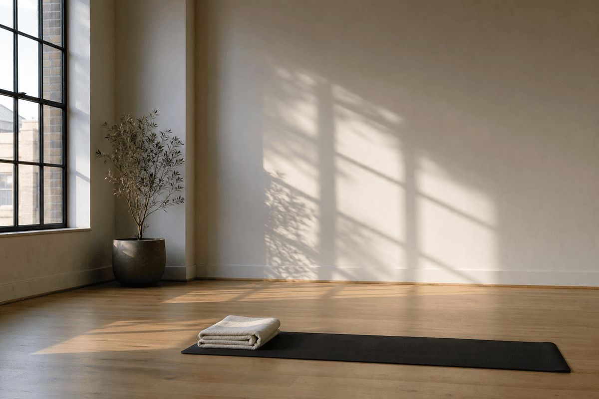 A calm empty studio with plain walls, a folded towel and daylight through a window