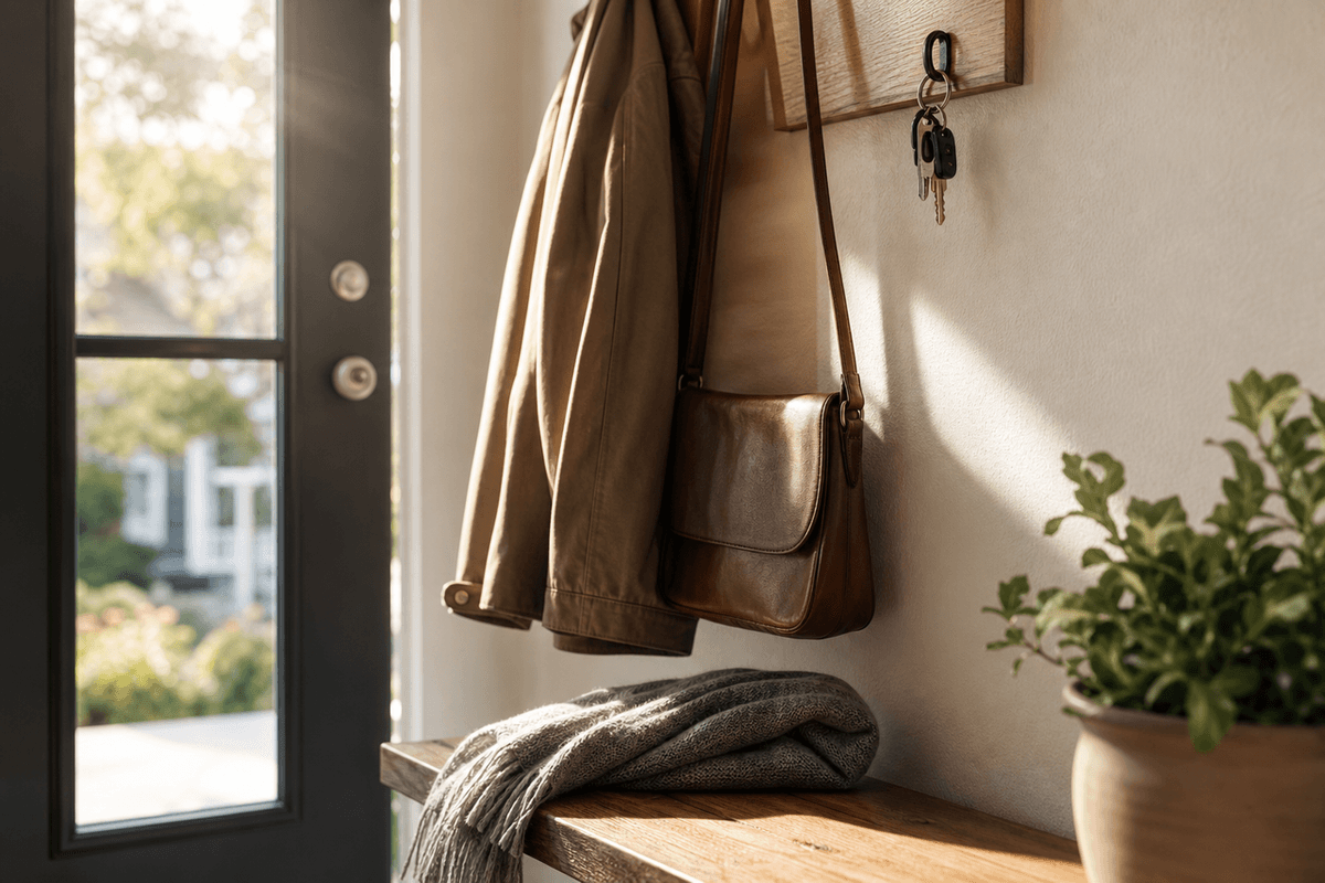 A coat and bag by a front door with morning light and a set of keys on a hook