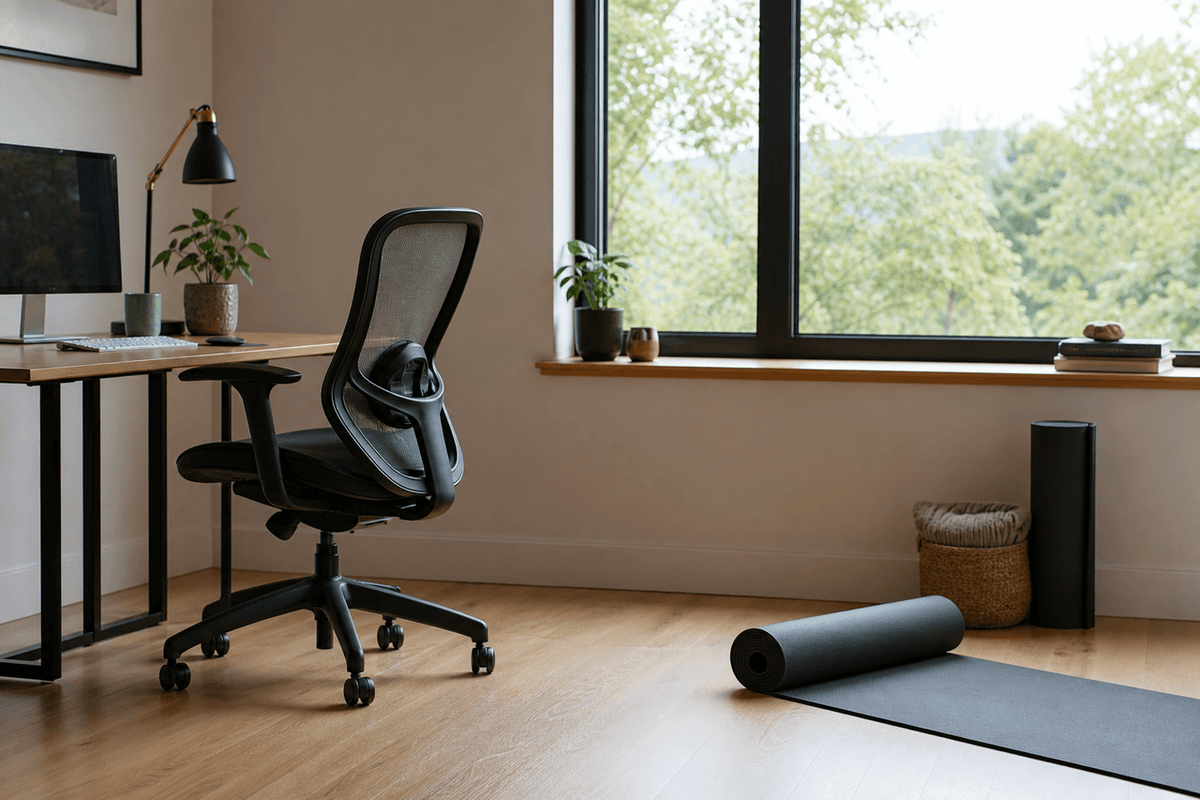 An empty desk chair beside a window with a yoga mat rolled out on the floor nearby