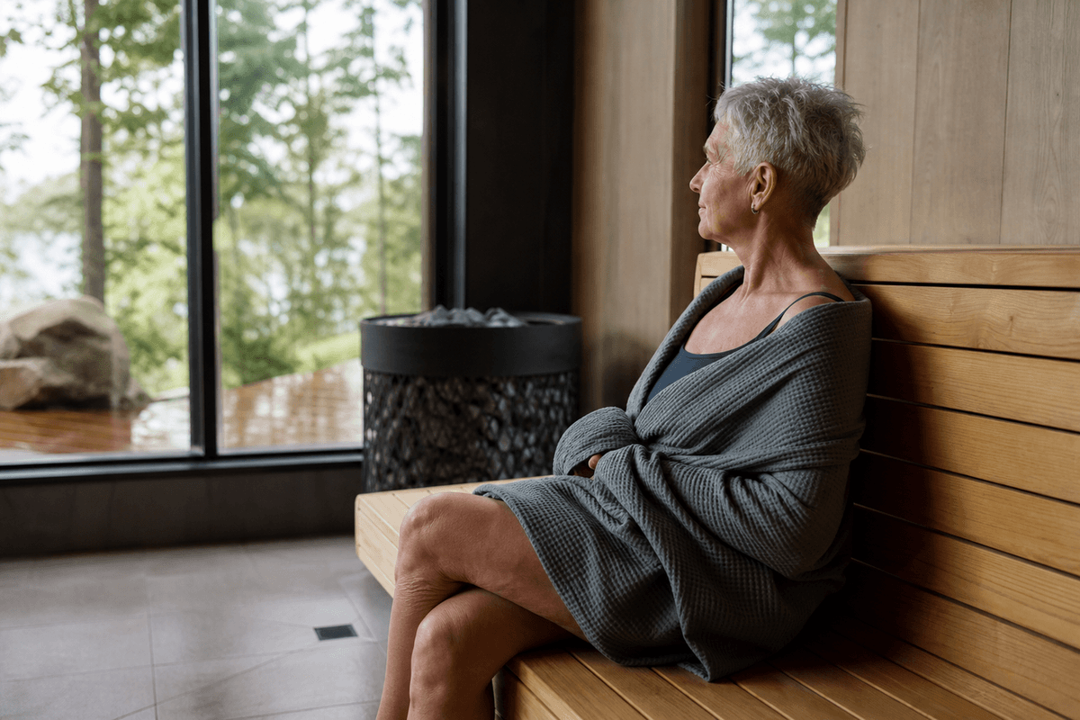 An older person sitting calmly on a bench in a warm, well-lit wellness studio