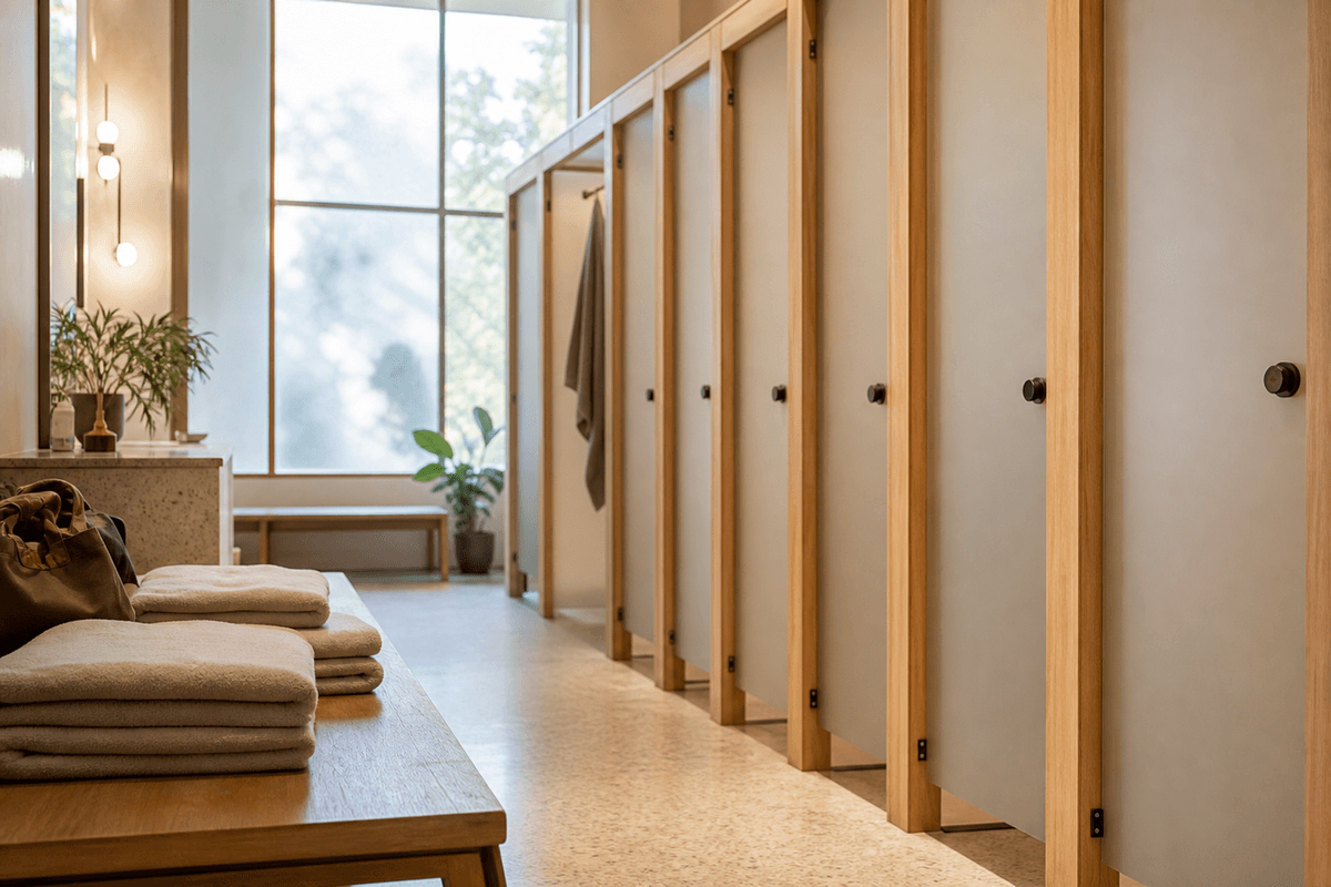 A quiet changing area with private cubicle doors, benches and folded towels