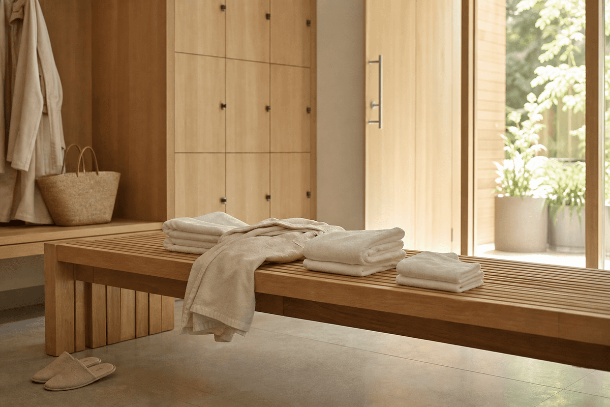 A wide wooden bench with folded towels and robes in a calm, well-lit changing area