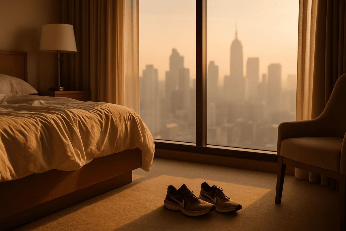 A quiet hotel room at dawn with running shoes by the window and city light outside