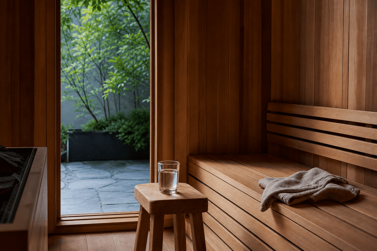 A cedar sauna with a glass of water on a small wooden stool by an open door to a shaded courtyard garden, a grey towel on the bench
