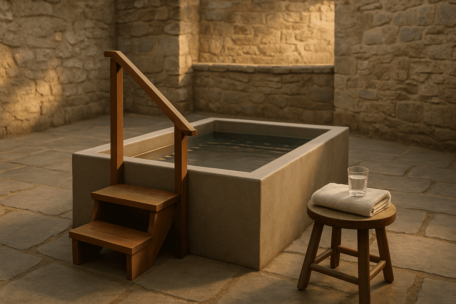A cold plunge tub in a stone courtyard with a step, a rail, a towel and a glass of water beside it