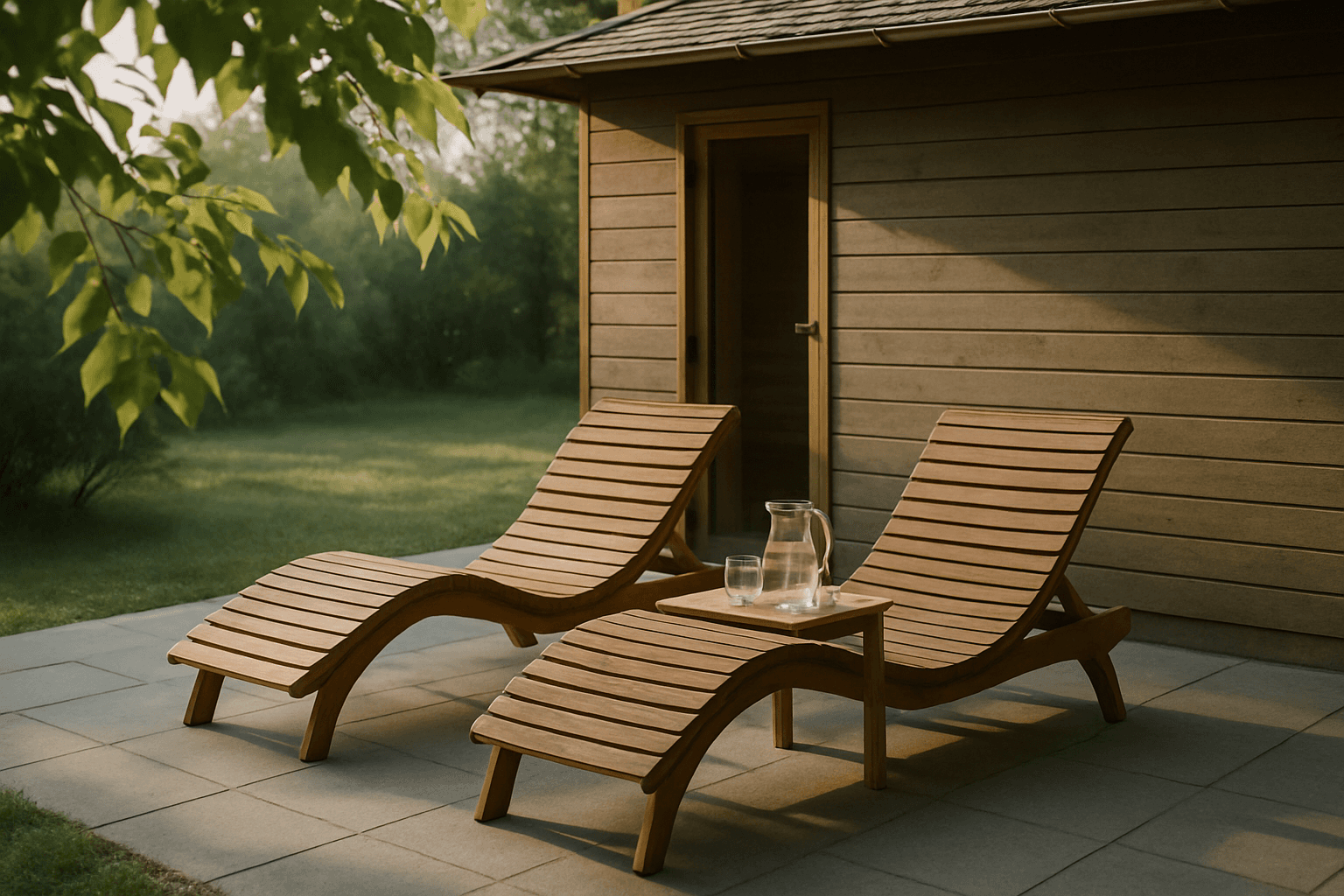 A shaded rest area outside a sauna with wooden loungers and a jug of water on a small table