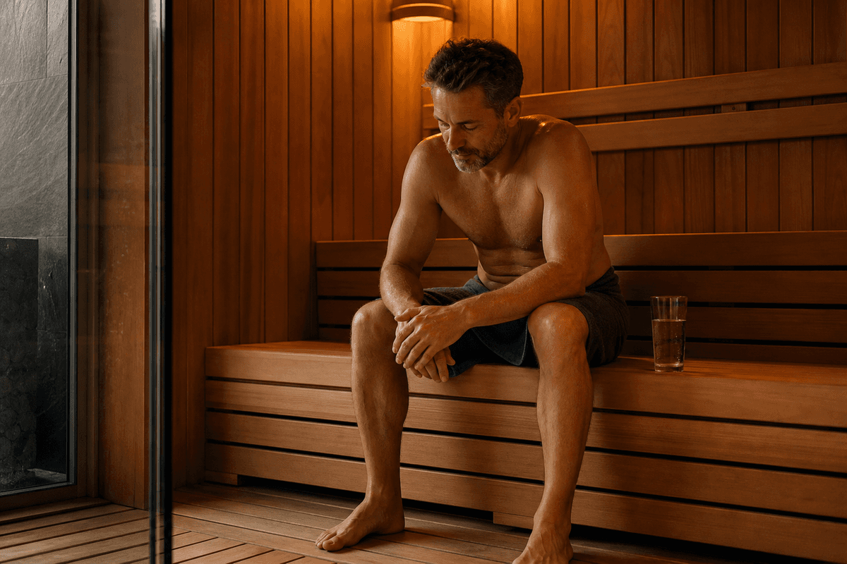 A man sitting on the lowest bench of a sauna, feet on the floor and leaning forward, a glass of water beside him