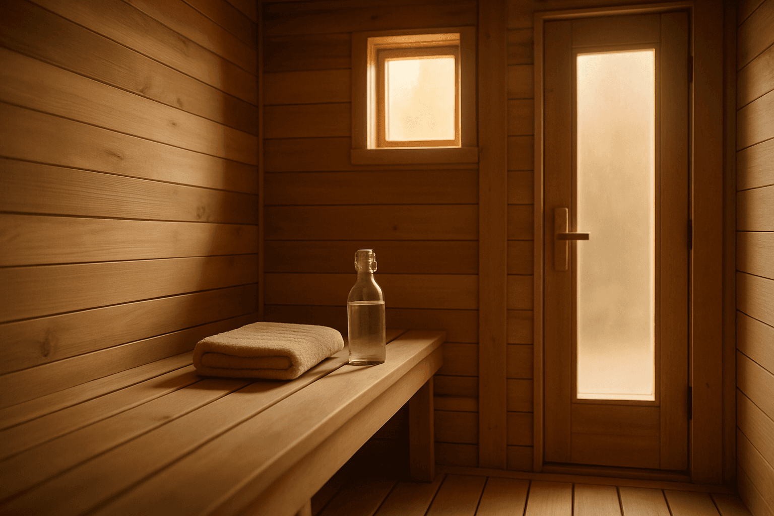 A cedar sauna bench with a full water bottle and a folded towel in warm window light