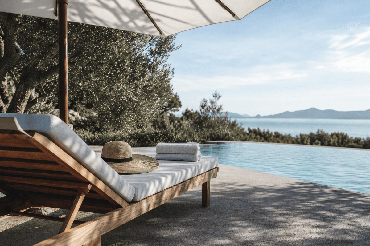 Illustration: a shaded wooden lounger with a wide-brimmed hat and a folded towel beside a quiet pool