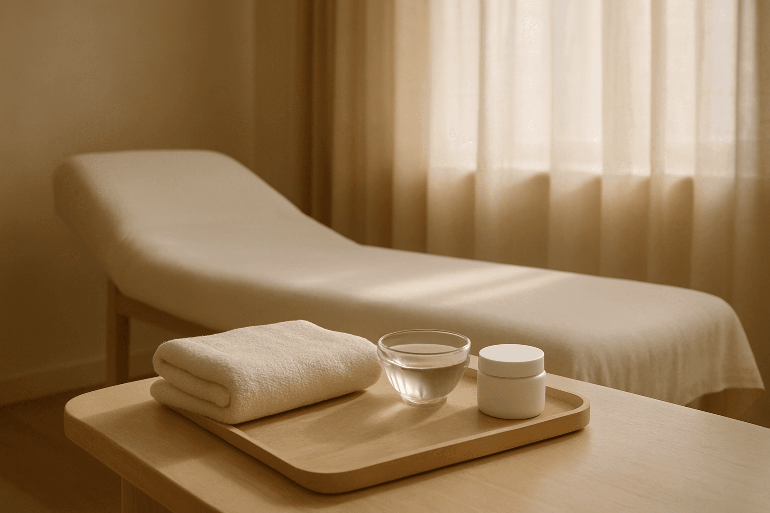 A calm facial treatment room with a folded towel, a bowl of water and plain moisturiser on a wooden tray