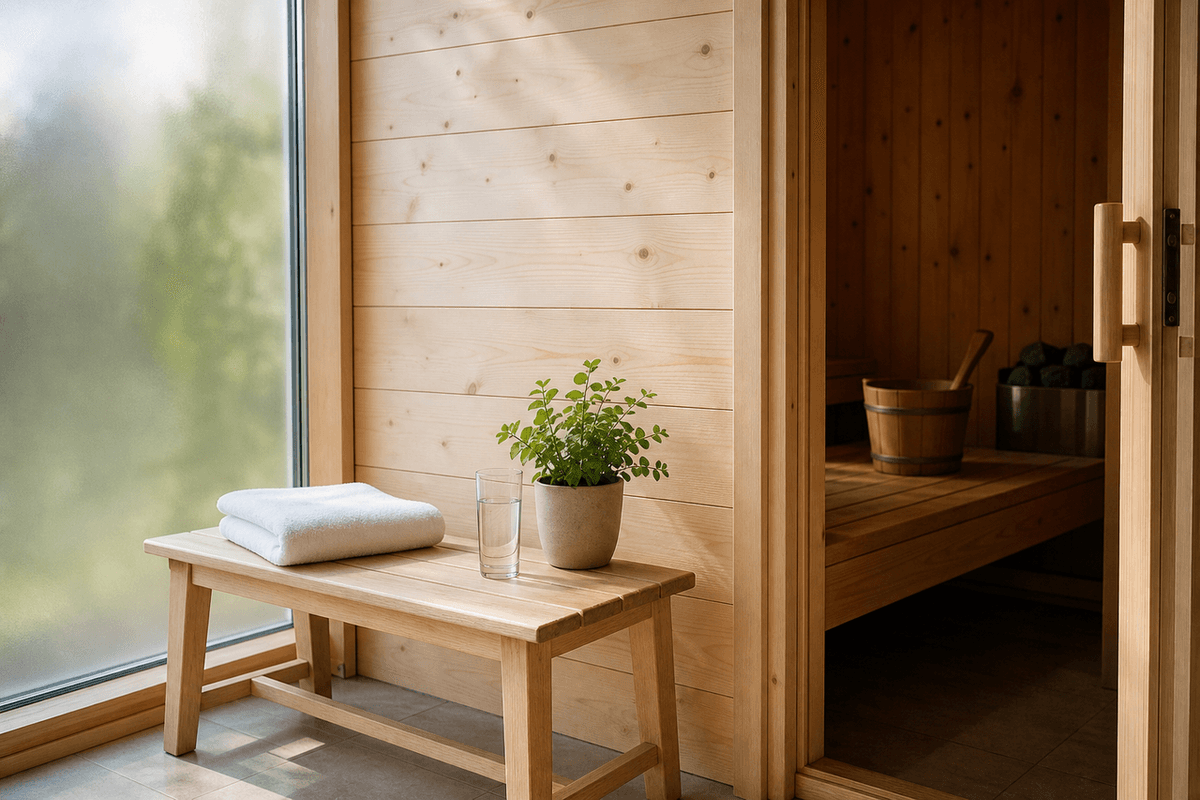 A pale wooden bench with a folded white towel, a glass of water and a small potted plant beside an open sauna door and a frosted window