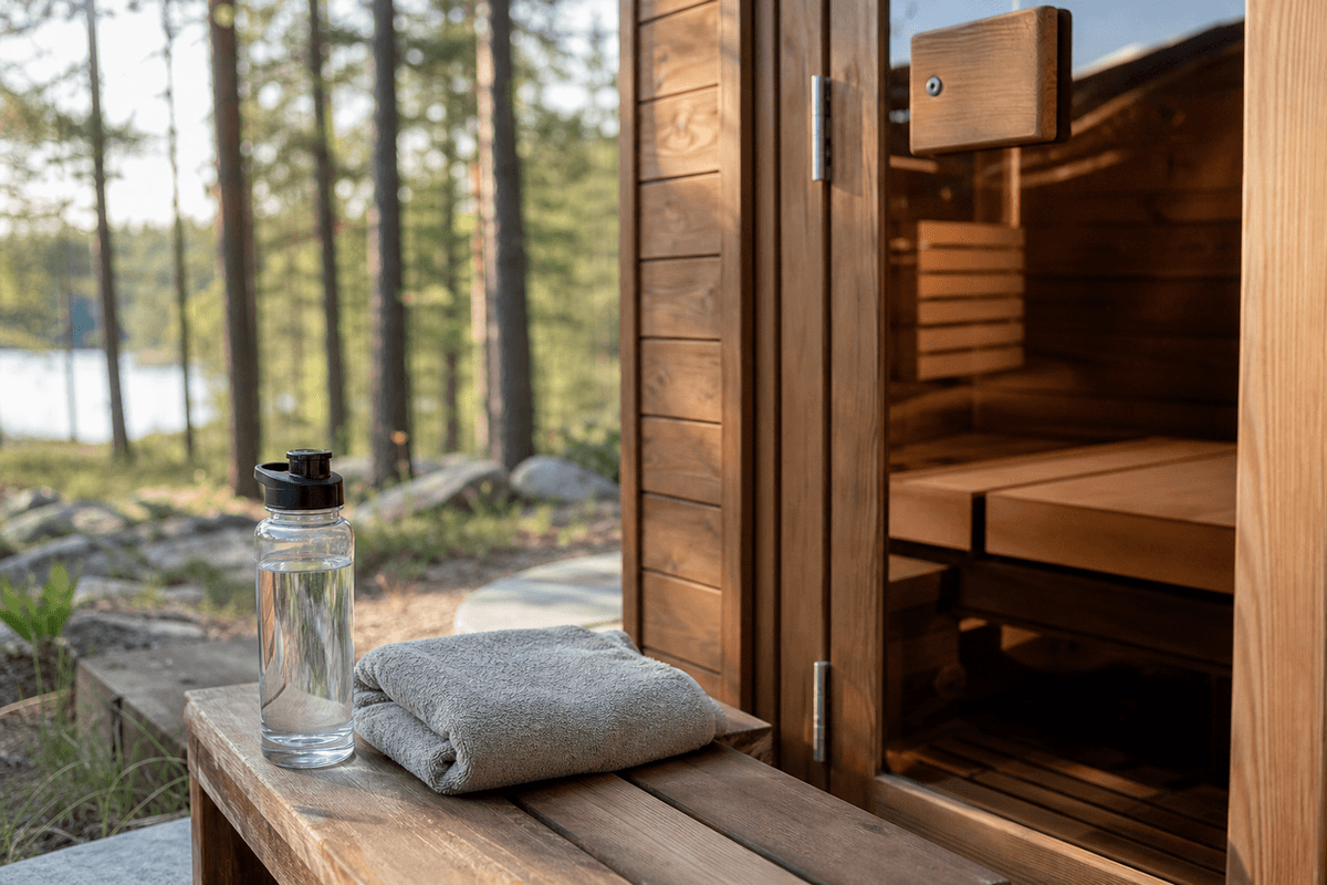 A full water bottle and a folded towel on a wooden bench beside the glass door of a cedar sauna, pine trees and a lake behind