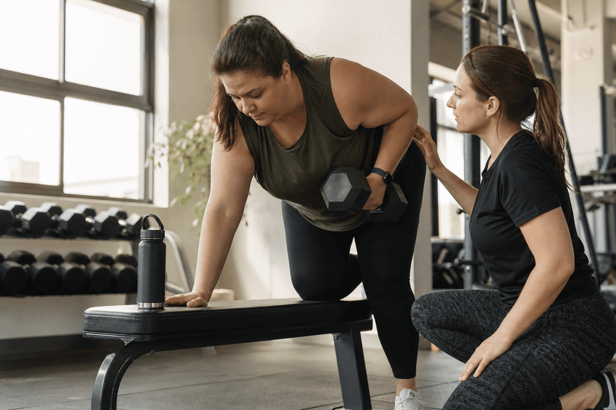 A woman performing a one-arm dumbbell row on a gym bench with a trainer beside her and a water bottle on the bench