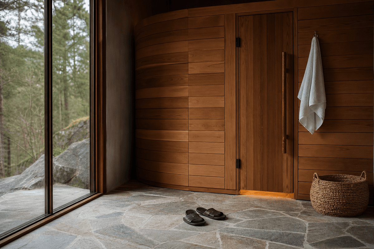 Illustration: a quiet private sauna cabin with a closed wooden door, a towel on a hook and dry stone floor