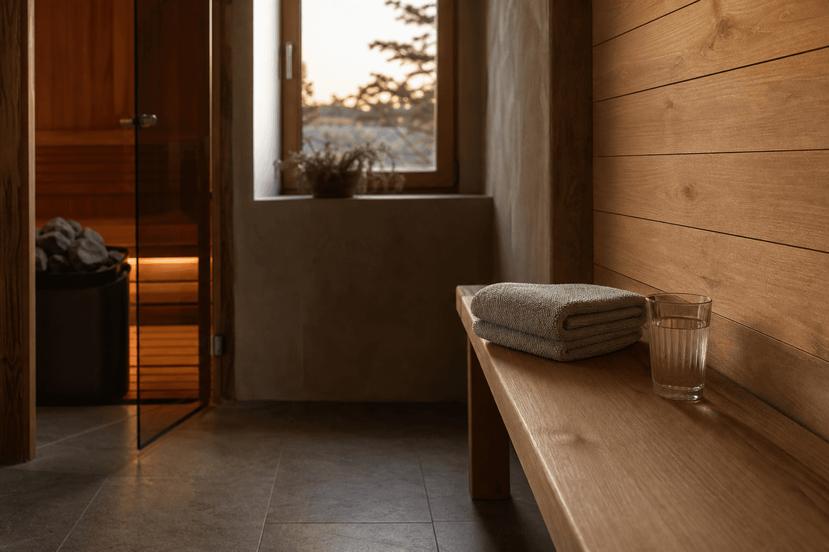 A low wooden bench outside a sauna door with a folded towel and a glass of water in soft evening light