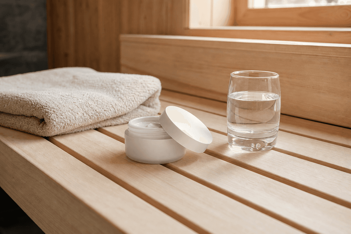 Illustration: a folded towel, a jar of plain moisturizer and a glass of water on a pale wooden sauna bench