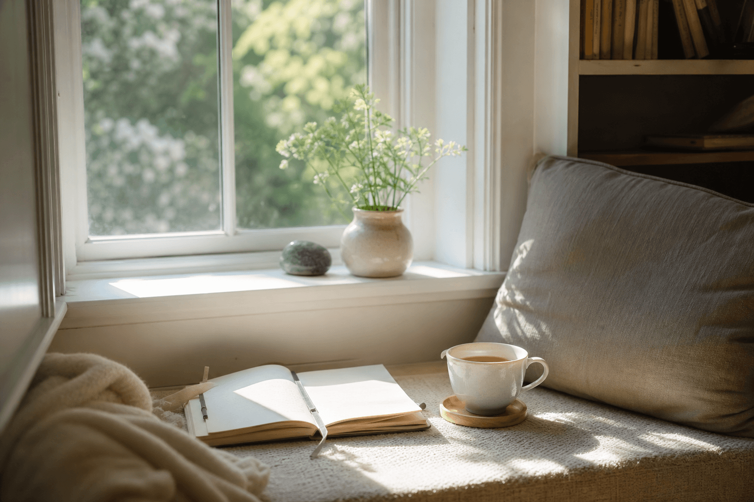 A calm reading nook with a notebook, a cup of tea, and soft morning light by a window